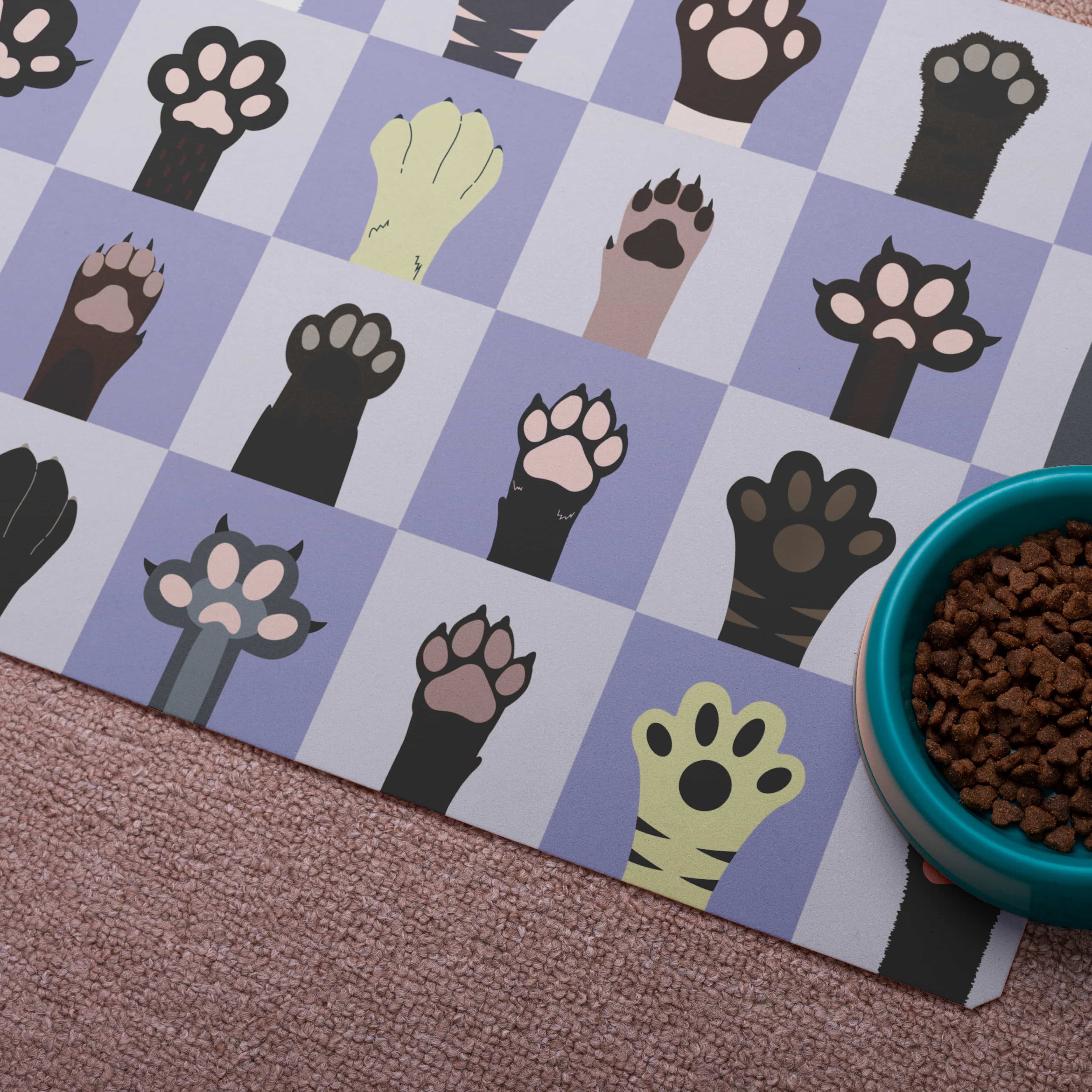 Checkerboard Paw Print Pet Food Mat