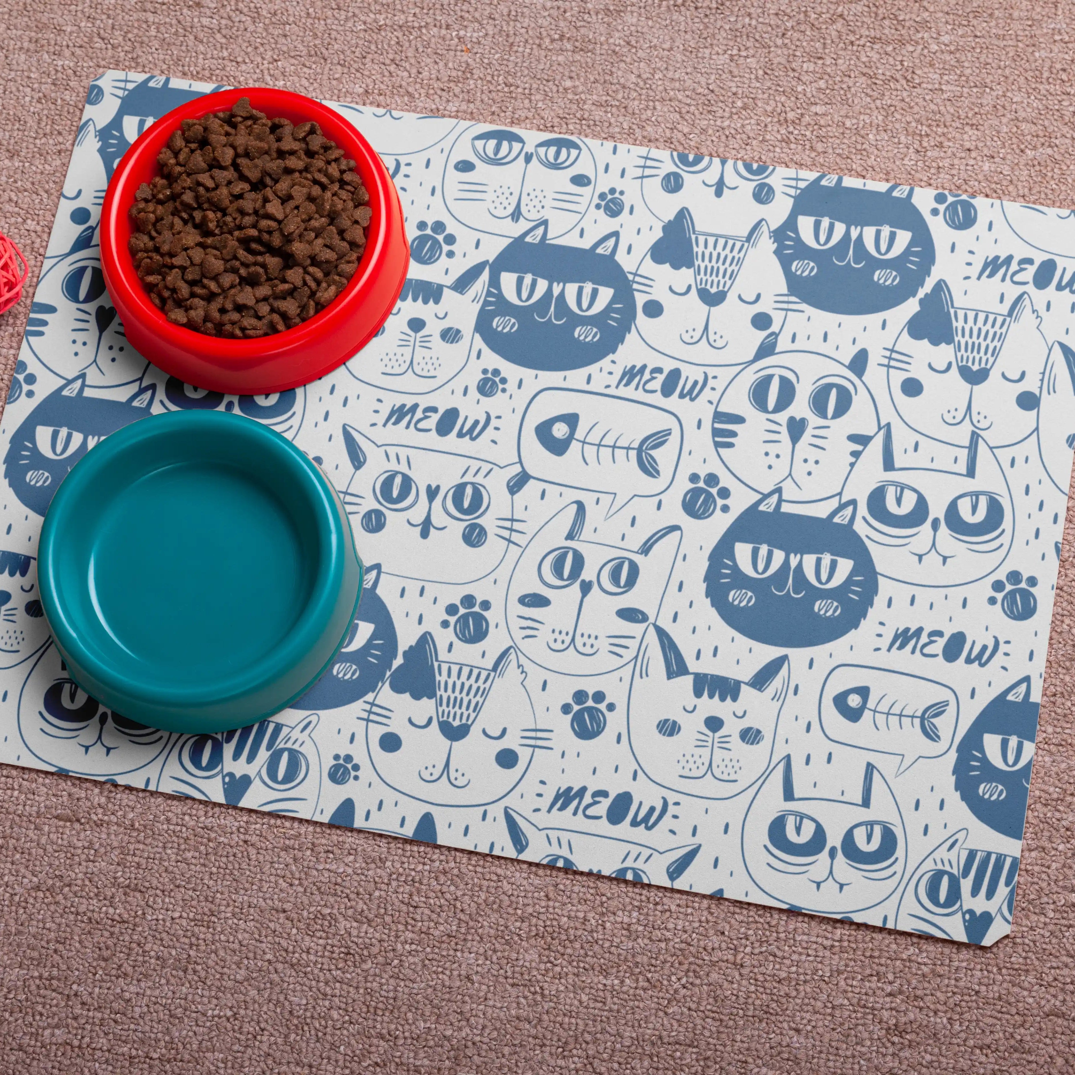 Playful Cat Print Pet Food Mat