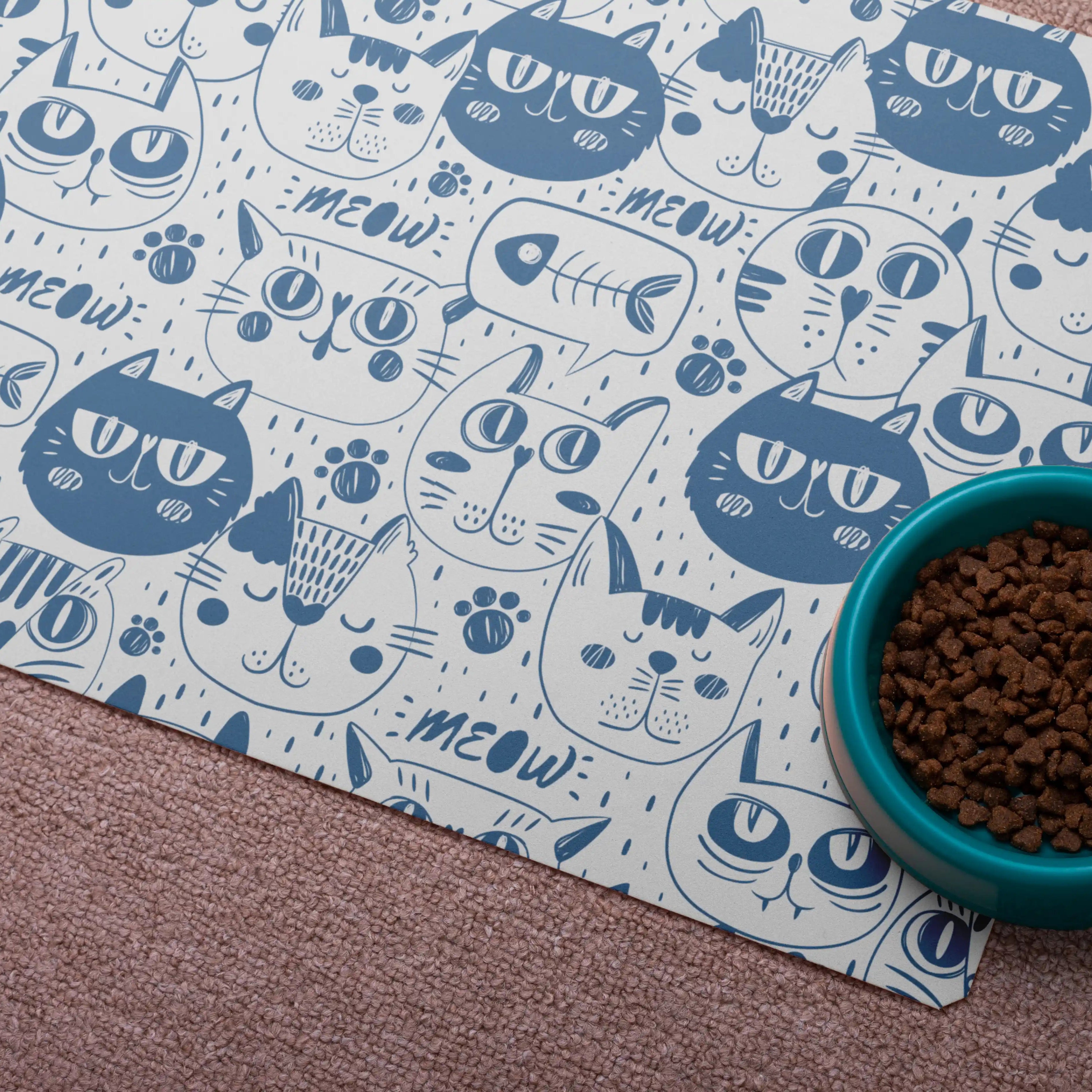 Playful Cat Print Pet Food Mat