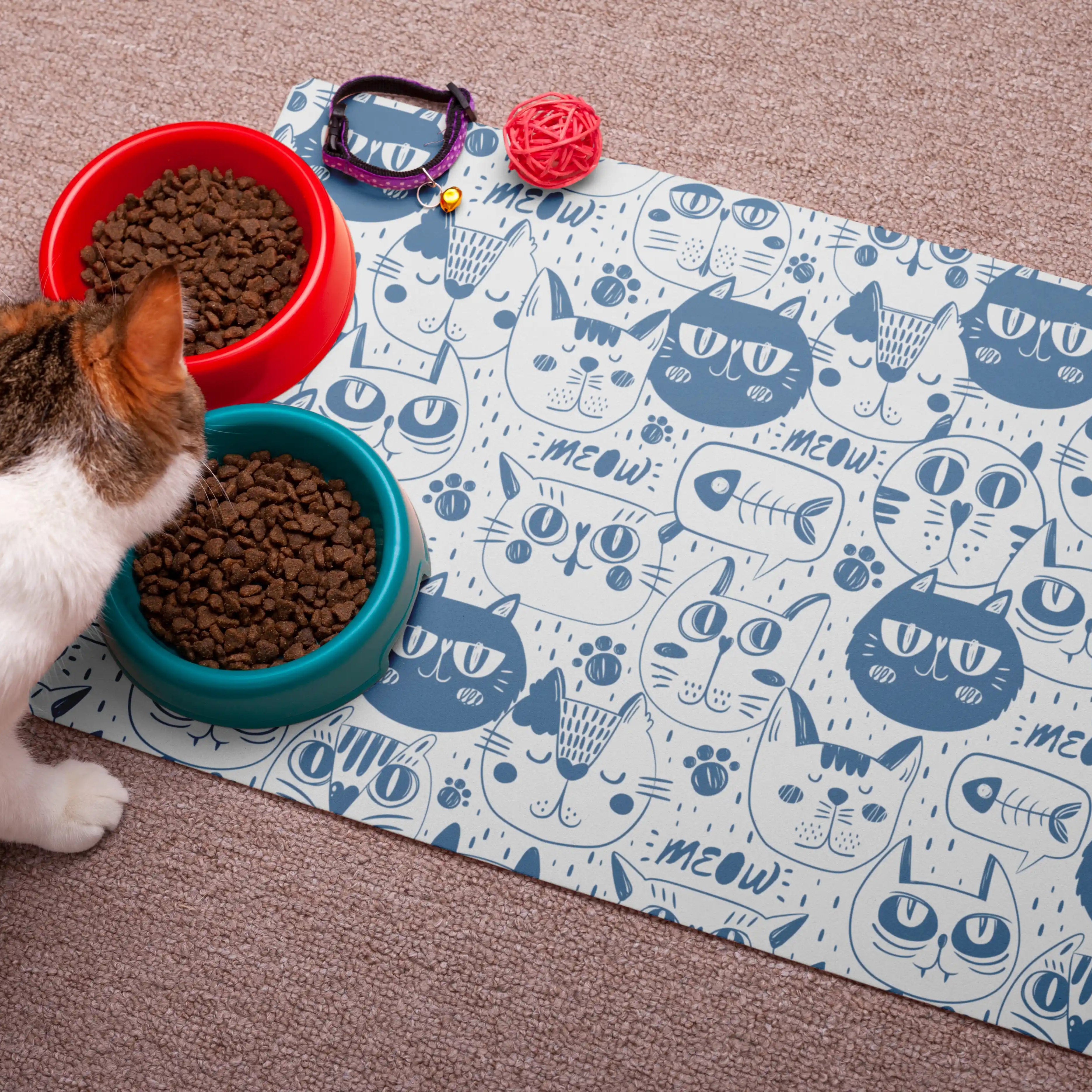 Playful Cat Print Pet Food Mat